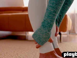 Petite Asian MILF posed after workout