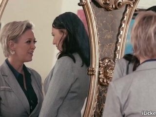Lesbian boss fingers brunette secretary
