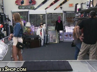 Pawnshop bride in wedding dress fucked in office after BJ