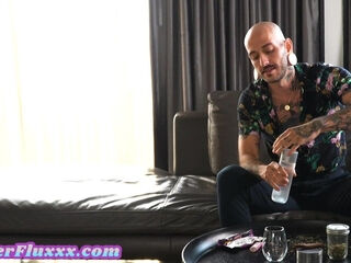 TS tattooed amateur man with pussy licked by TS MILF