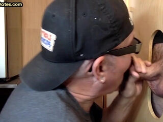 Gloryhole amateur DILF blows hard cock for cum in mouth