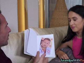 Old grandpa fucks petite slut in pussy after kissing