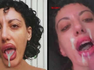 Cumming on my wife's face—I covered her big lips with semen.