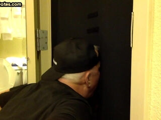 Gloryhole amateur DILF sucks and wanks BFs penis at home