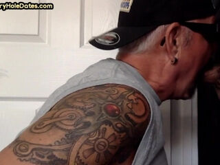 Tattooed oral DILF sucks gloryhole dick till cum in mouth