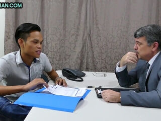 Asian skinny barebacked twink fucks white DILF in office